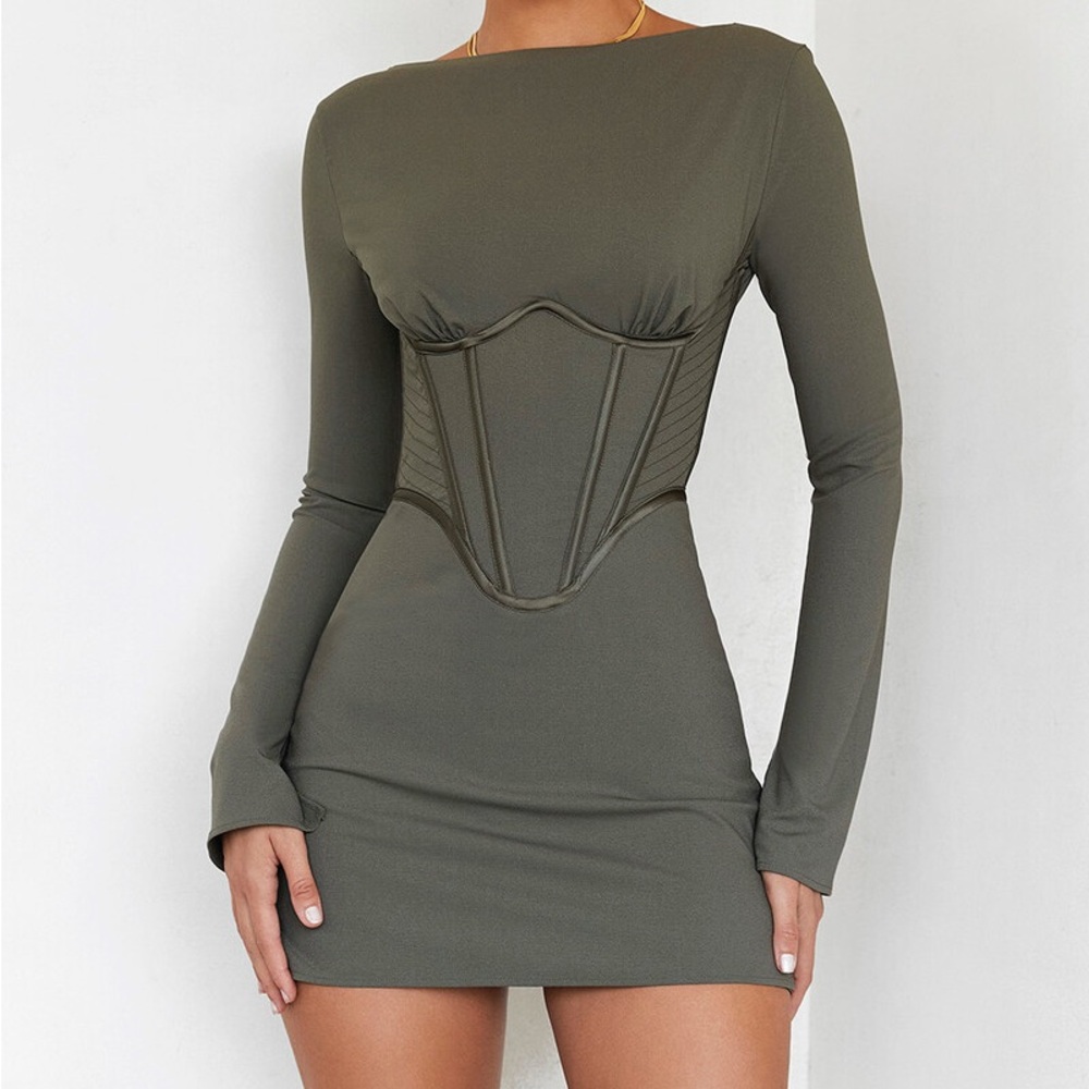 Mistress Rocks - Olive Long Sleeve Corset Dress
